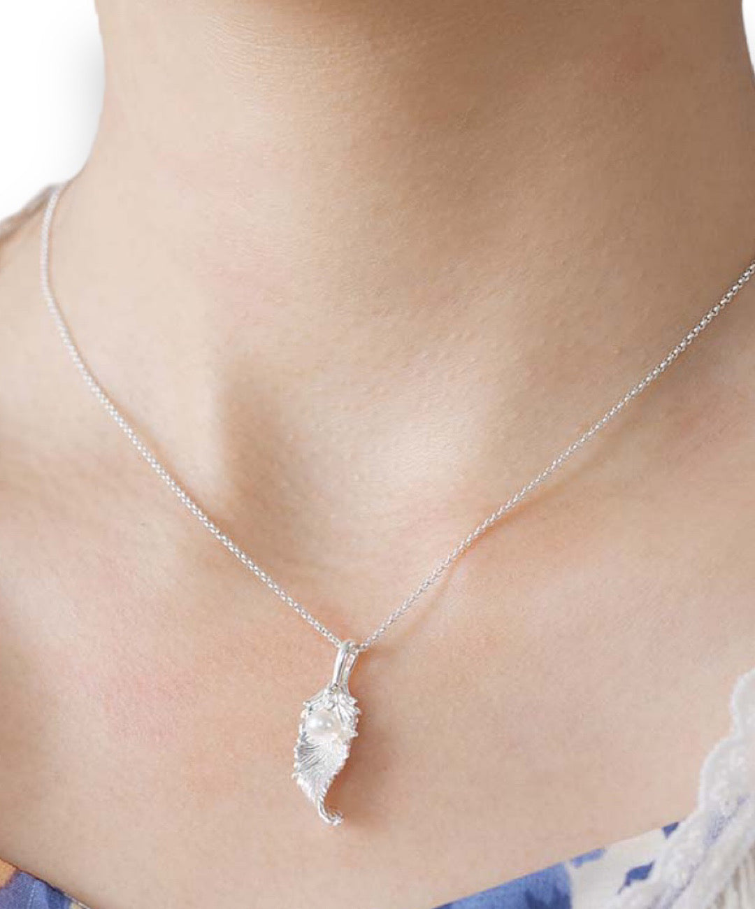 Natural Pearl Long Leaf Pendant Necklace